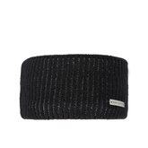 Black knitted headband with a brand label on a white background